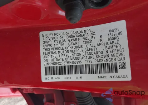 2021 Honda Civic Lx из США, поврежденный, VIN 2HGFC2F67MH556995